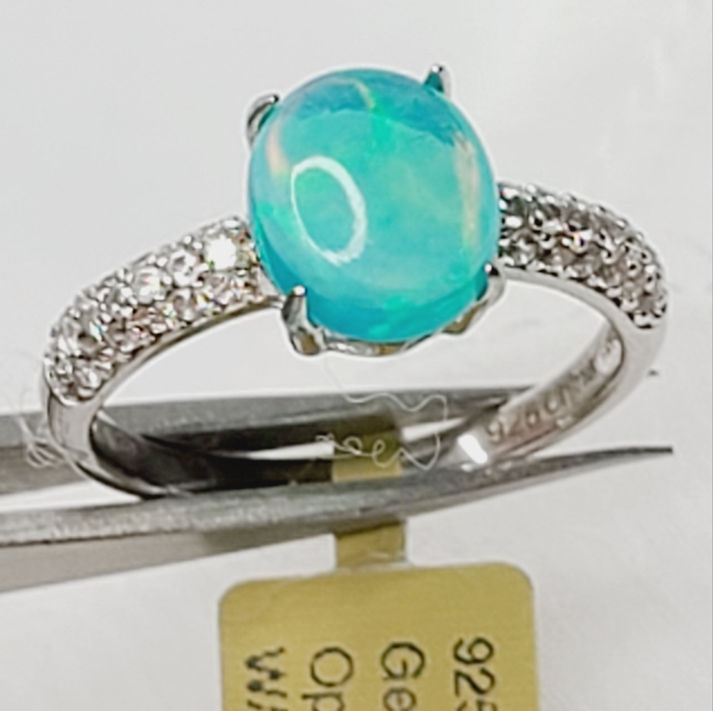 Elegant Silver Opal Ring With Crystal Accents